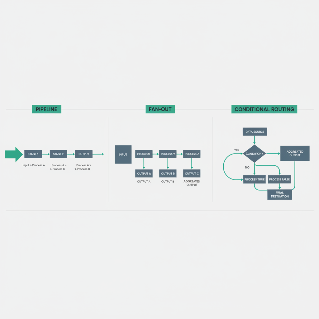 Composition patterns: pipeline, fan-out, conditional routing