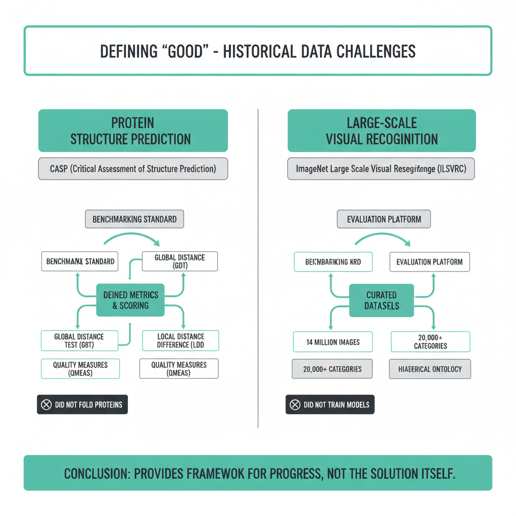 Historical examples: CASP didn't fold proteins but it defined what 'good' meant. ImageNet didn't train models but it defined the scoreboard.