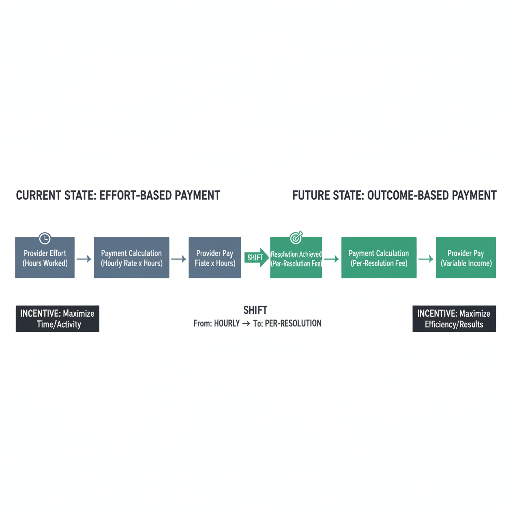 Signature 1: payment shifts from effort-based to outcome-based (hourly -> per-resolution)