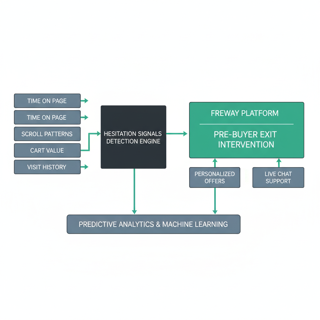 Freway detects hesitation signals before the buyer leaves: time on page, scroll patterns, cart value, visit history