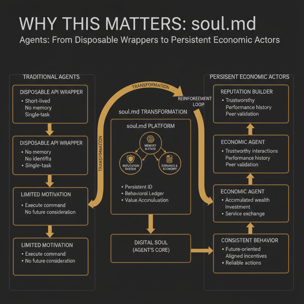 Why this matters: soul.md turns agents from disposable API wrappers into persistent economic actors with reputation, earnings history, and a reason to behave consistently
