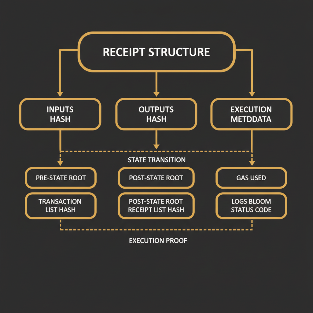 Receipt structure: inputs hash, outputs hash, execution metadata