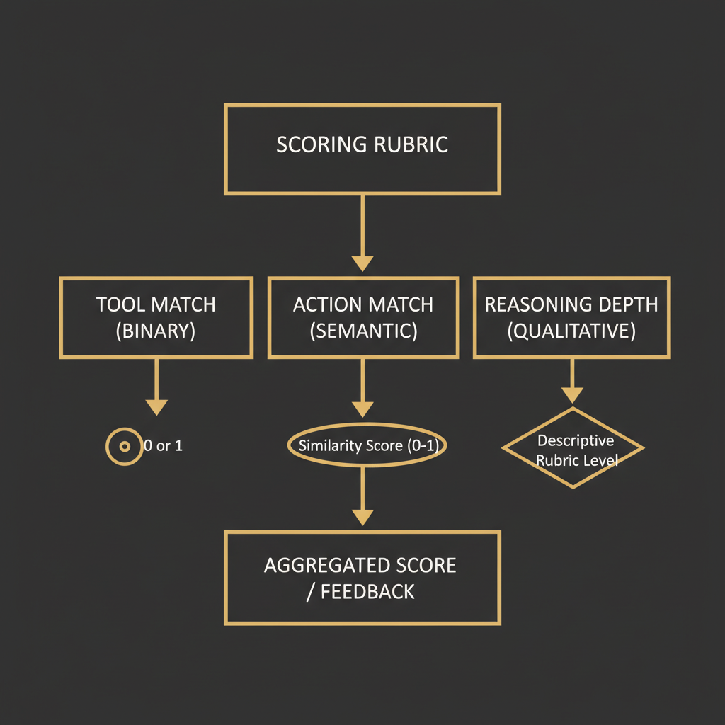 The scoring rubric: tool match (binary), action match (semantic), reasoning depth (qualitative)