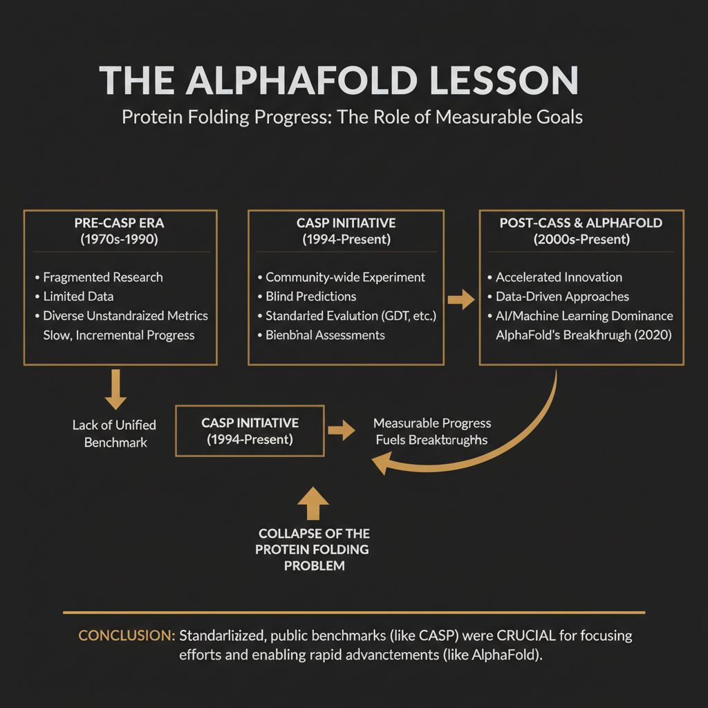 The AlphaFold lesson: protein folding collapsed only after CASP made progress measurable
