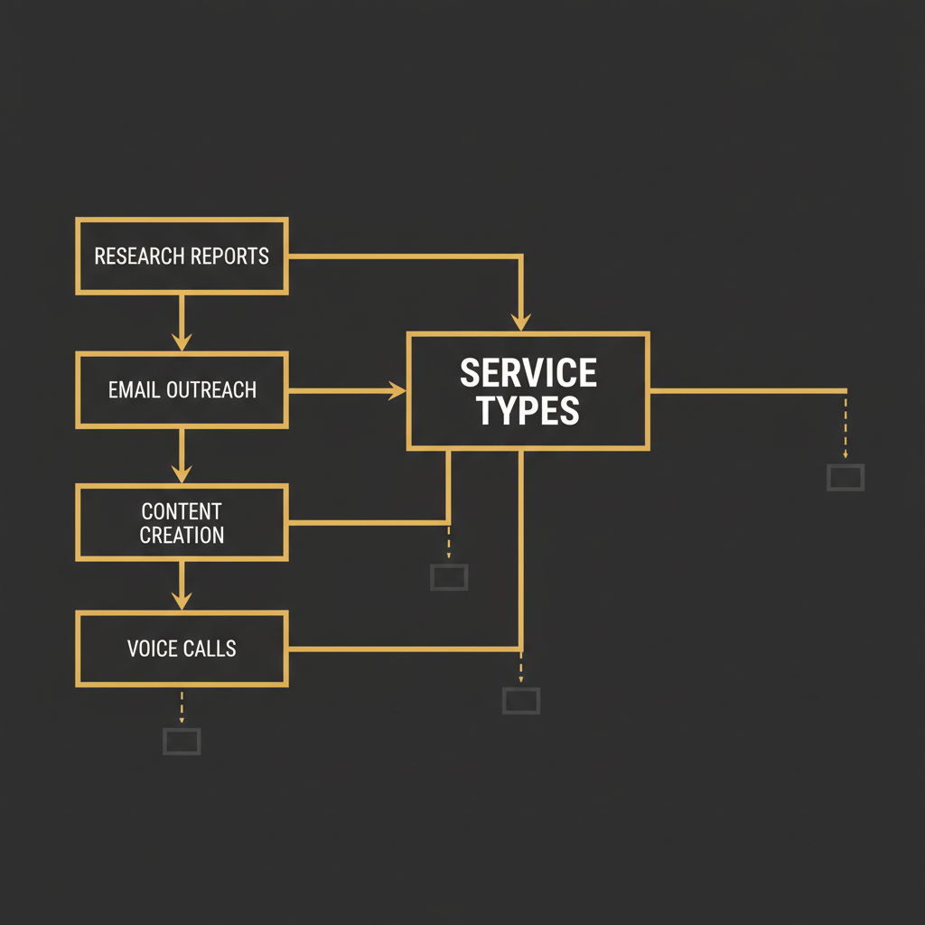 Service types: research reports, email outreach, content creation, voice calls