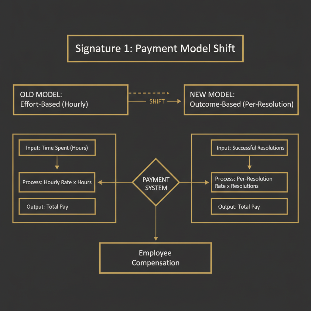 Signature 1: payment shifts from effort-based to outcome-based (hourly -> per-resolution)