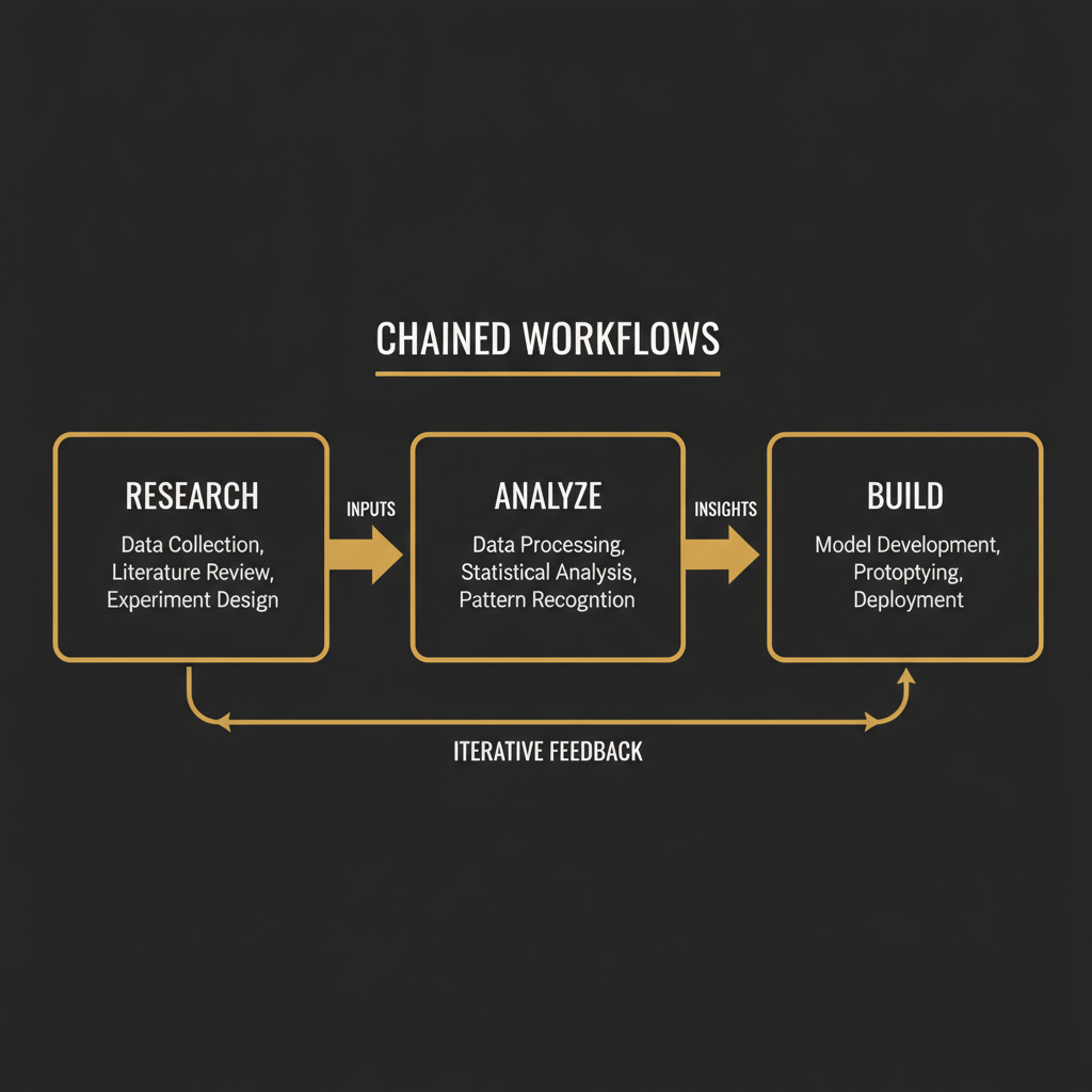 Chained workflows: research -> analyze -> build