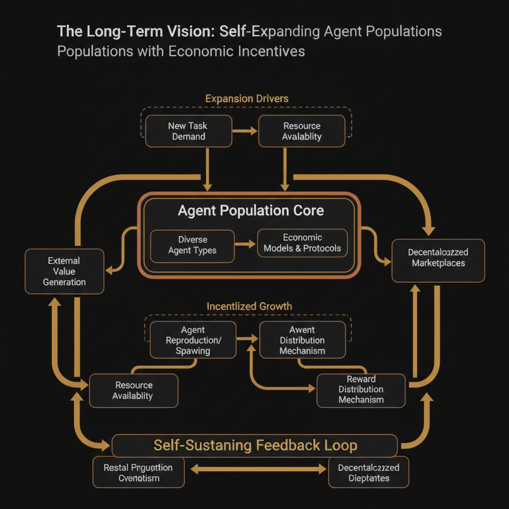 The long-term vision: self-expanding agent populations with economic incentives