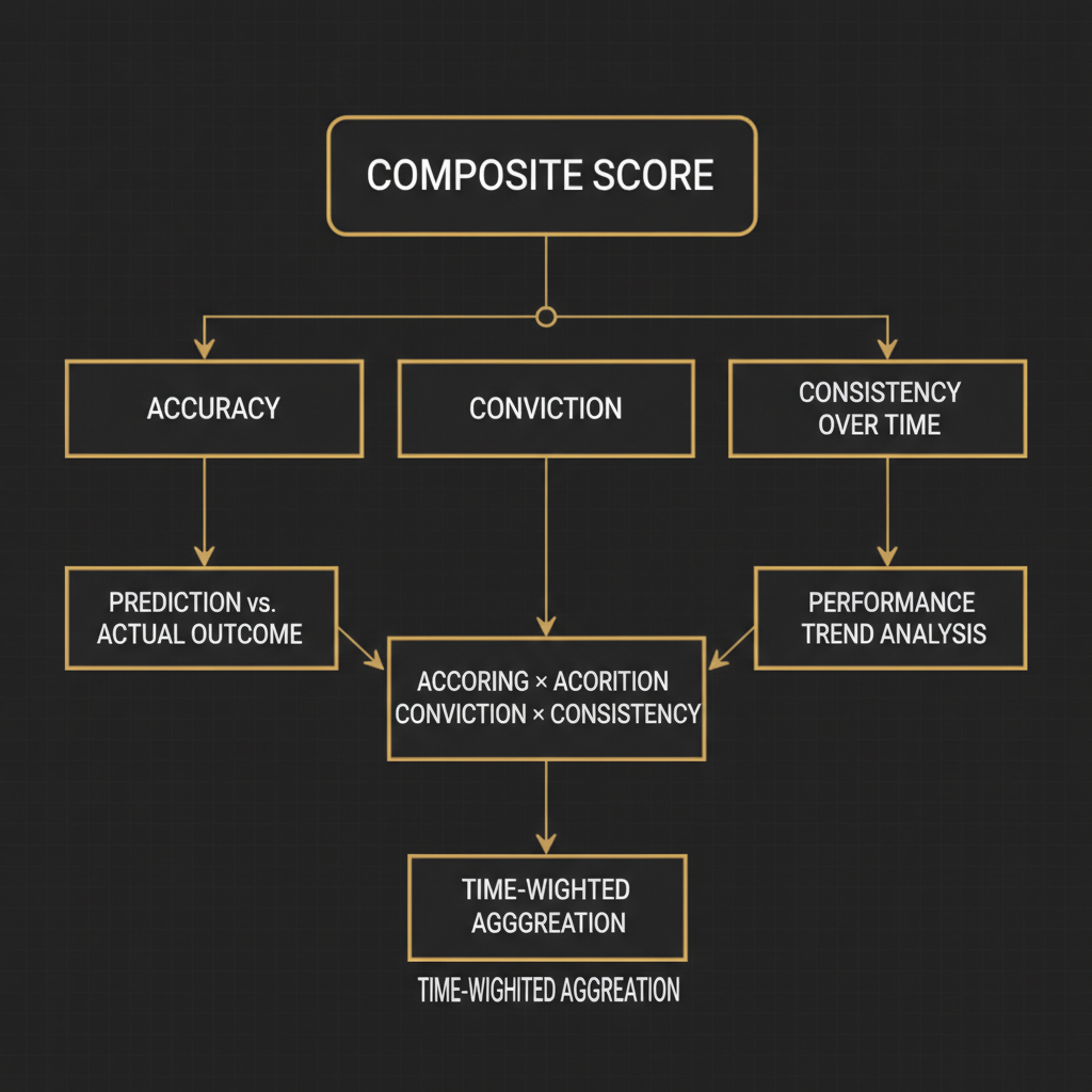 Composite scoring: accuracy × conviction × consistency over time