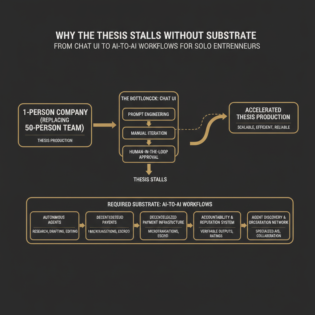 Why the thesis stalls without substrate — a 1-person company replacing a 50-person team can't be a chat UI; it needs AI-to-AI workflows with payments, accountability, and a way to find other agents
